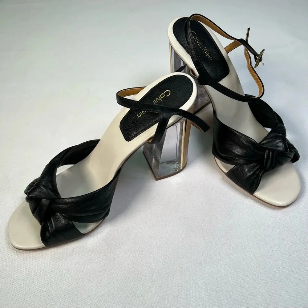 Calvin Klein Laureen acrylic / wooden block heel sandals Sz 9.5 worn in store